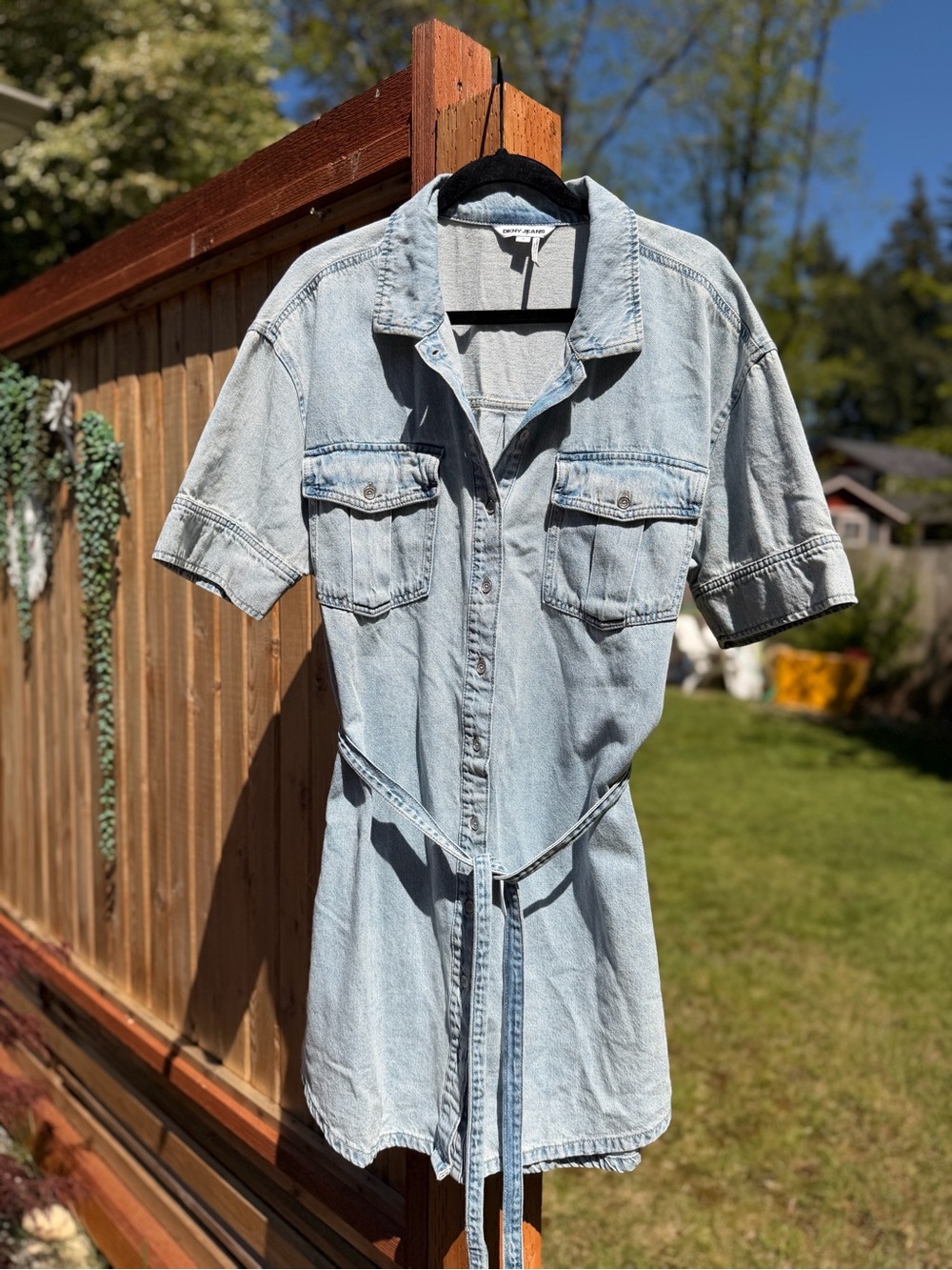 DKNY Light Wash Denim Mini Shirt Dress with Tie Waist